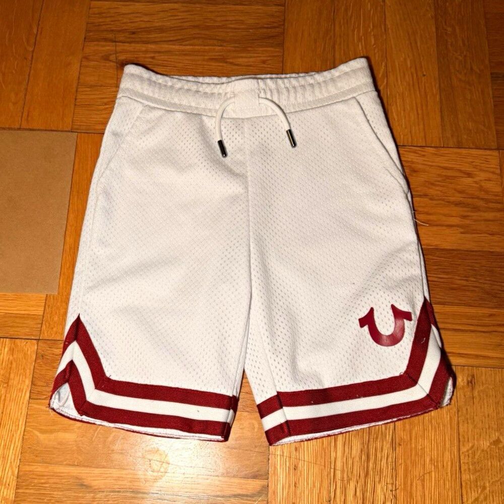 True Religion Boys White Mesh Basketball Shorts Red Logo Athletic Drawstring